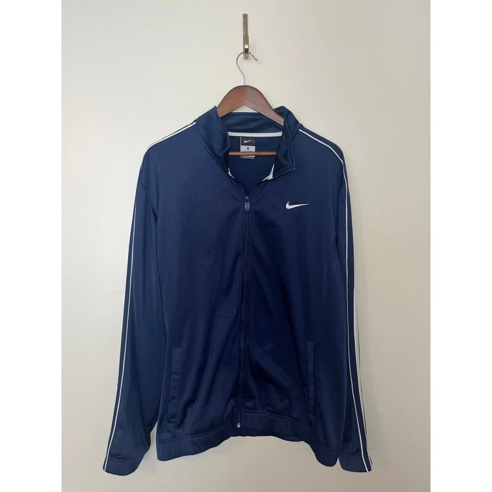 NIKE Men's Zip Up Track Jacket Y2K 2000s Swoosh Logo Striped Sleeve‎ Navy | XL